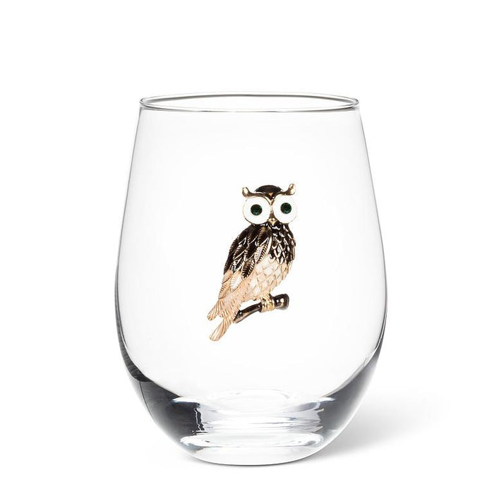 Jewelled Stemless Glass- Owl Design, 16 oz.
