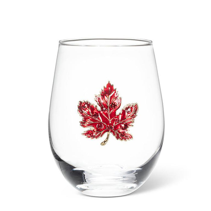 Jewelled Stemless Glass- Maple Leaf Design, 16 oz.
