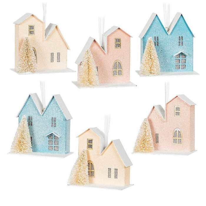 Pastel House & Tree Ornaments, Set of 6
