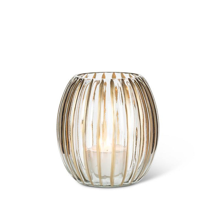 Ribbed Glass Candle Holder with Gold Stripes