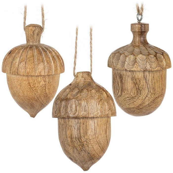 Carved Wooden Acorn Ornaments, Set of 3