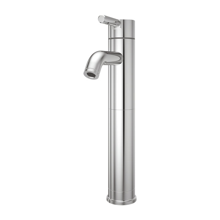Pfister Contempra single-control vessel bathroom faucet in polished chrome, front angled view highlighting its tall, minimalist spout and sleek cylindrical handle.