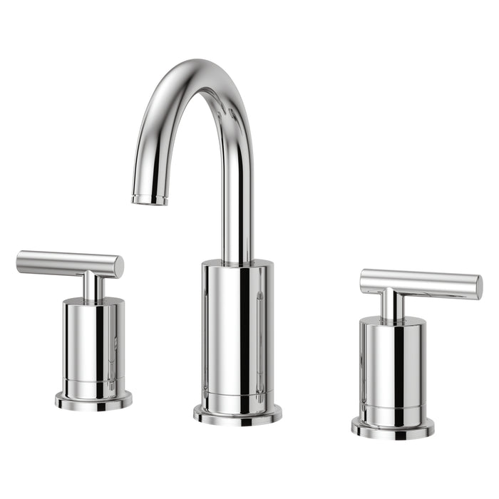 Pfister Contempra 2-handle 8-inch widespread bathroom faucet in polished chrome, front view highlighting its modern flat spout and slim lever handles.