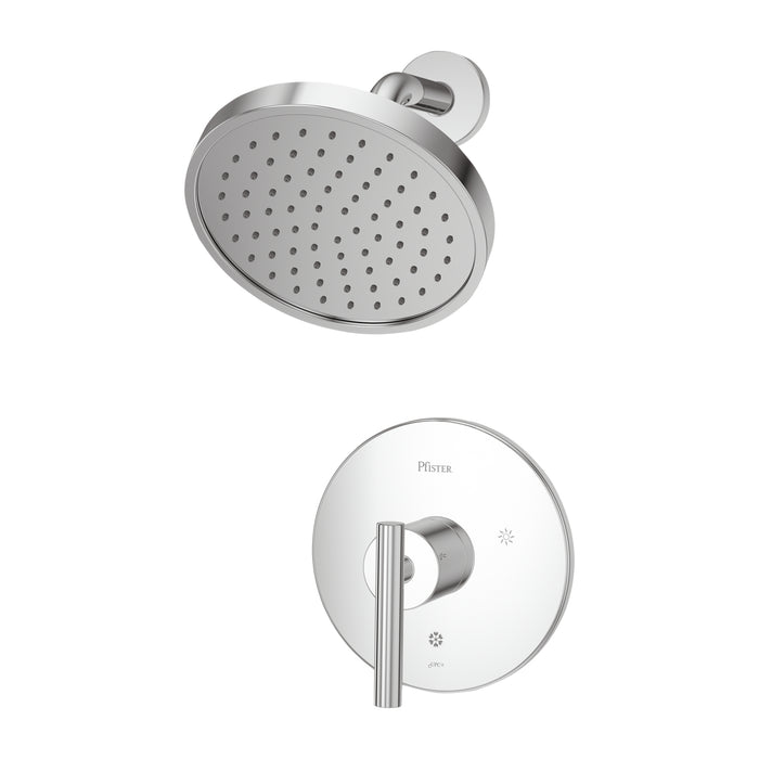Pfister Contempra 1-handle shower set in polished chrome, featuring a minimalist round showerhead and streamlined lever handle.