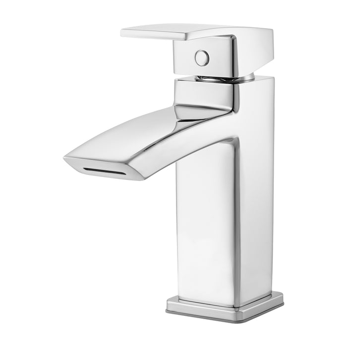 Pfister Kenzo single-handle bathroom faucet in polished chrome, featuring a contemporary rectangular spout and flat handle with a minimalist, modern design.