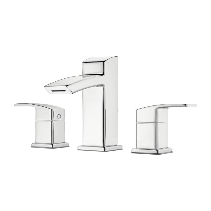 Pfister Kenzo 2-handle 8-inch widespread bathroom faucet in polished chrome, front view showcasing its minimalist flat spout and sleek lever handles.