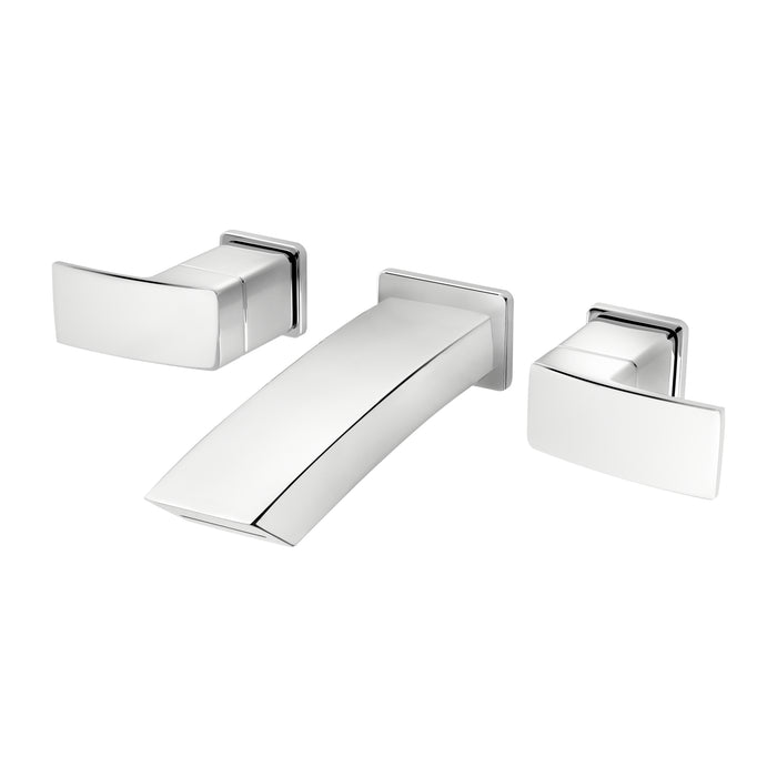 Pfister Kenzo 2-handle wall-mount bathroom faucet in polished chrome, front view highlighting its flat, minimalist spout and sleek lever handles.