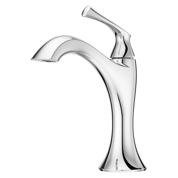 Angled view of the Pfister Rhen single-control bathroom faucet in polished chrome, emphasizing the reflective finish and dynamic spout design.