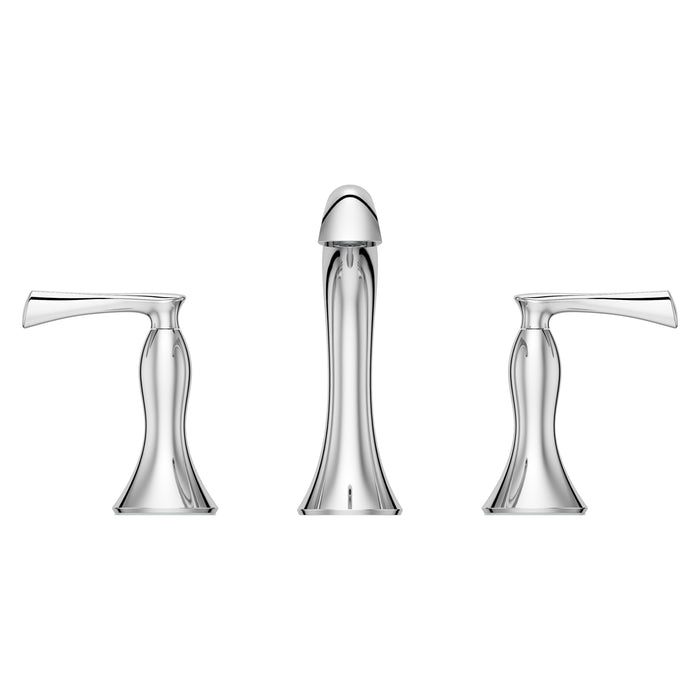 Pfister Rhen 2-handle 8-inch widespread bathroom faucet in polished chrome, front view highlighting its sculptural spout and elegant lever handles.