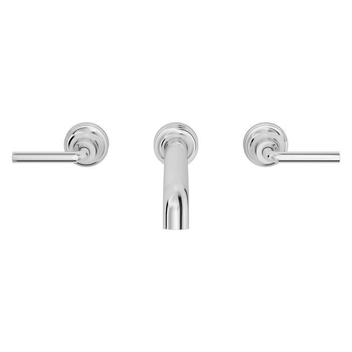 Pfister Tenet 2-handle wall-mount bathroom faucet in polished chrome, front view showcasing its angular spout and minimalist lever handles.