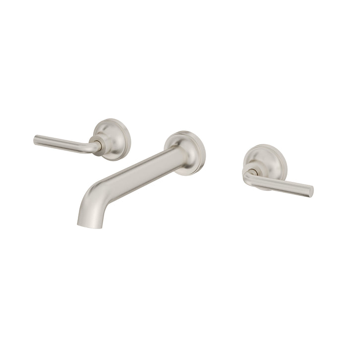 Pfister Tenet 2-handle wall-mount bathroom faucet in brushed nickel, side view showcasing its clean lines and modern handle design.
