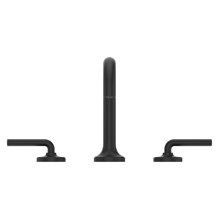 Pfister Tenet 2-handle 8-inch widespread bathroom faucet in matte black, front view highlighting its bold finish, angular spout, and minimalist lever handles.