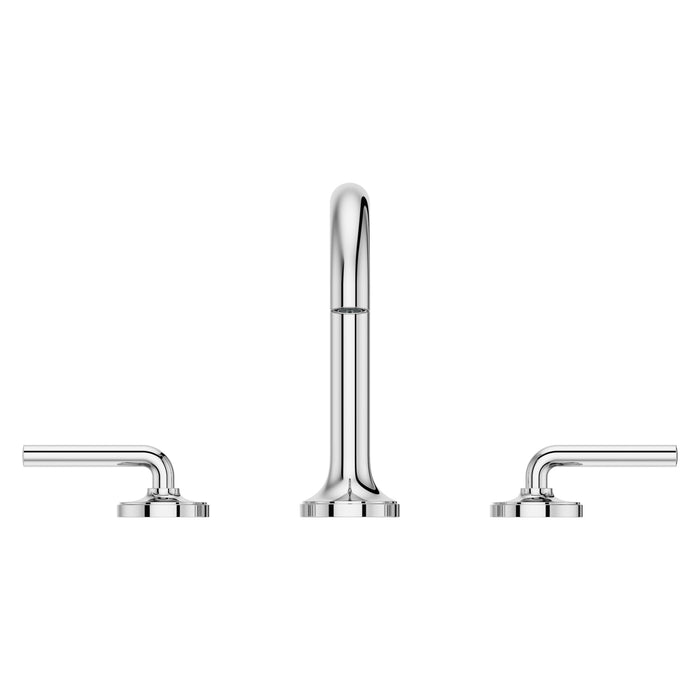 Pfister Tenet 2-handle 8-inch widespread bathroom faucet in polished chrome, front angled view showcasing its clean lines and modern aesthetic.