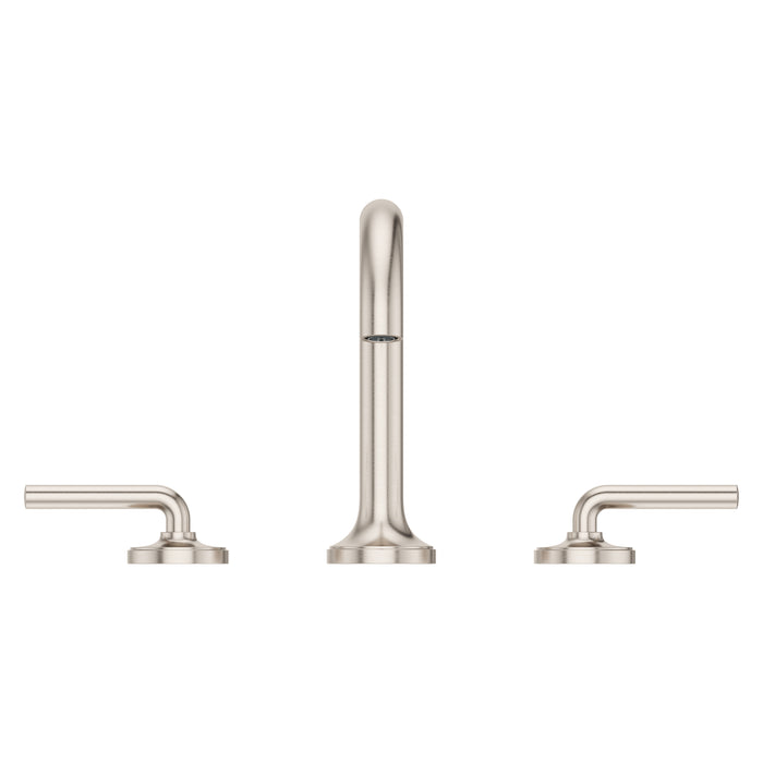 Pfister Tenet 2-handle 8-inch widespread bathroom faucet in brushed nickel, front view highlighting its soft metallic finish, angular spout, and refined lever handles.