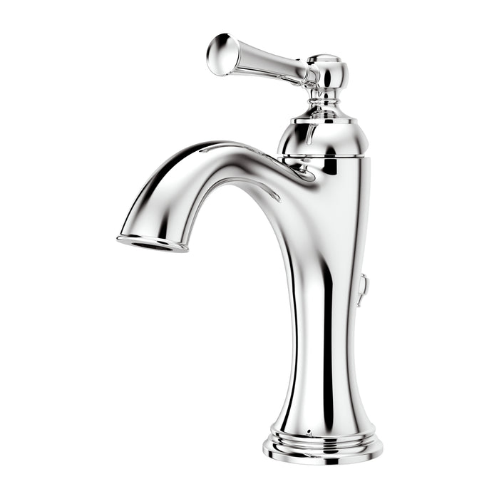 Front view of the Pfister Tisbury single-handle bathroom faucet in polished chrome, featuring a classic design with a sculpted spout and decorative detailing.