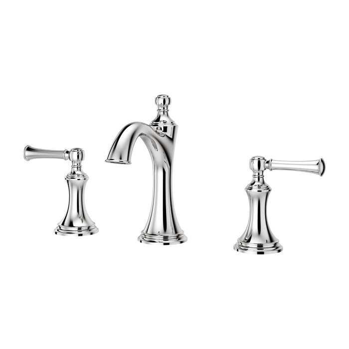 Pfister Tisbury 2-handle 8-inch widespread bathroom faucet in polished chrome, front view showcasing its classic curved spout and elegant lever handles.