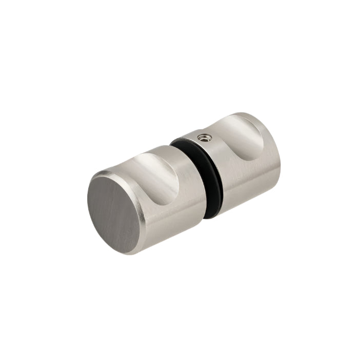 Richelieu 8710 cylindrical glass door knob in brushed nickel front view showing flat face and curved finger grips.