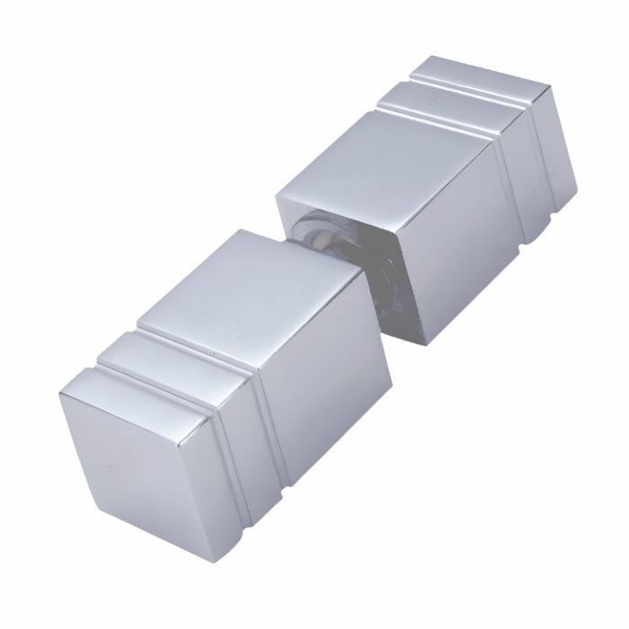 Square glass door knob in brushed nickel front view with bold geometric shape, polished finish and back-to-back installation.