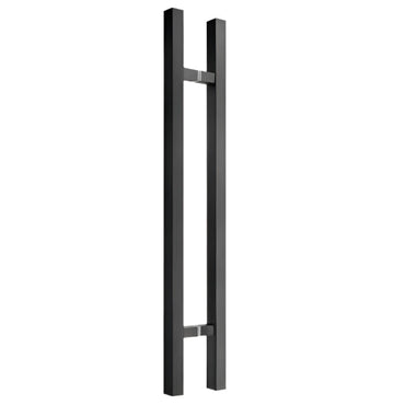 Richelieu 701 square ladder pull for glass and wood doors, front view in black stainless steel.
