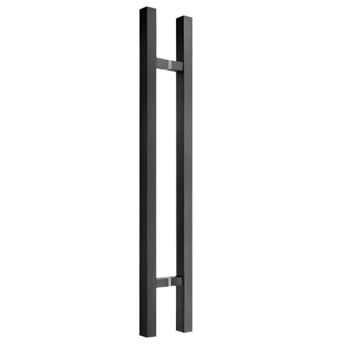Richelieu 701 square ladder pull for glass and wood doors, front view in black stainless steel.