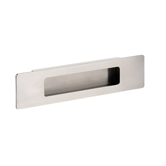 Richelieu 7050 modern recessed metal pull in brushed nickel front view showing flush profile and recessed opening.