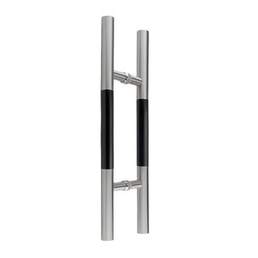 Richelieu 705 ladder pull with black wood insert for glass and wood doors, front view of 24 inch handle in stainless steel.