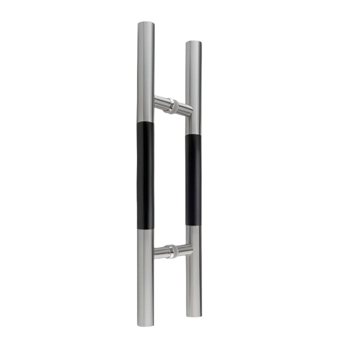 Richelieu 705 ladder pull with black wood insert for glass and wood doors, front view of 24 inch handle in stainless steel.