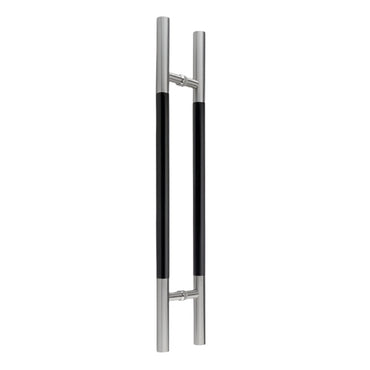 Richelieu 705 ladder pull with black wood insert for glass and wood doors, front view of 48 inch handle in stainless steel.