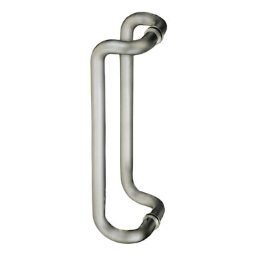 Richelieu 872RO offset round tubular pull in brushed nickel/stainless steel front view showing curved form for glass doors.