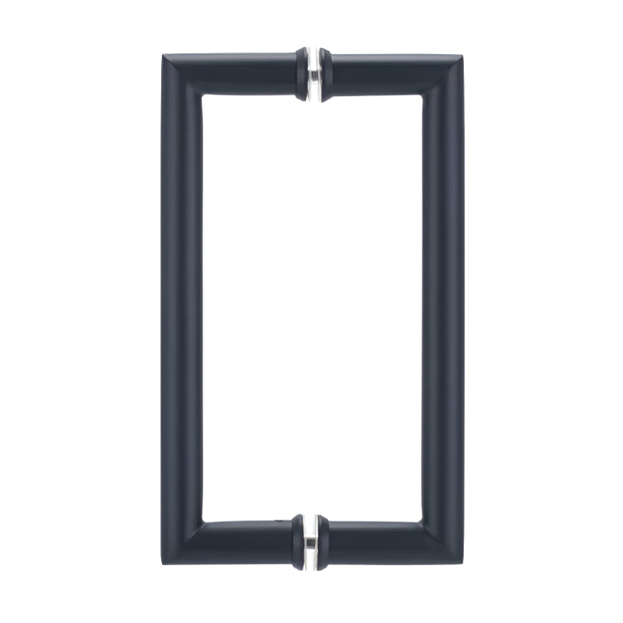 Richelieu 87D2R round tubular pull in matte black front view showing clean curves and smooth cylindrical profile for glass doors.
