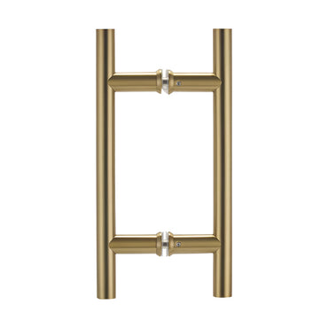 Richelieu 87H2R ladder pull for glass doors, side view in satin brass.