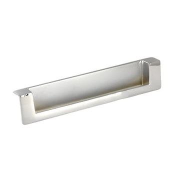 Richelieu 8971 recessed metal pull in chrome front view showing flush profile and recessed opening.