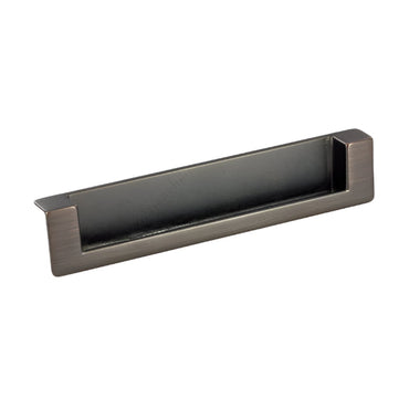 Richelieu 8971 recessed metal pull in brushed oil‑rubbed bronze front view showing flush profile and recessed opening.