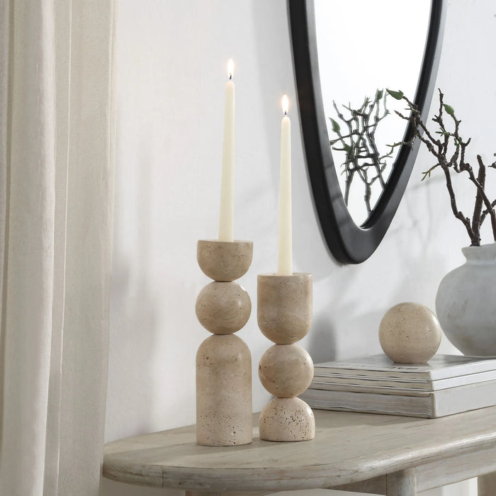 Amarena Candle Holder Set – Travertine, Natural Finish