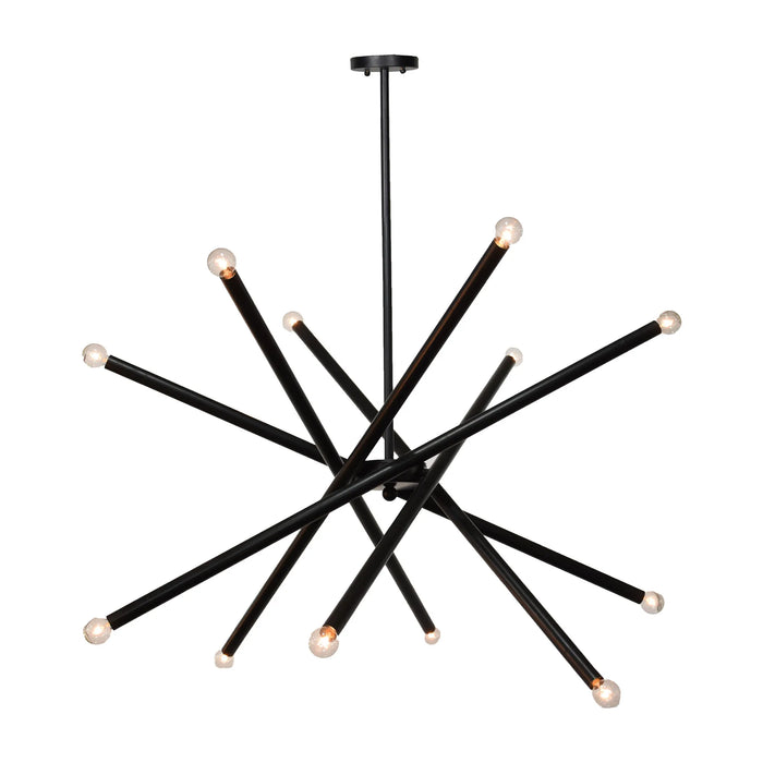 Modern black chandelier with multiple arms on a white background