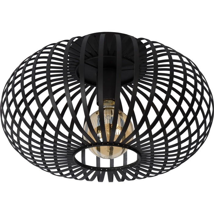 Black woven ceiling flush mount light fixture on a white background