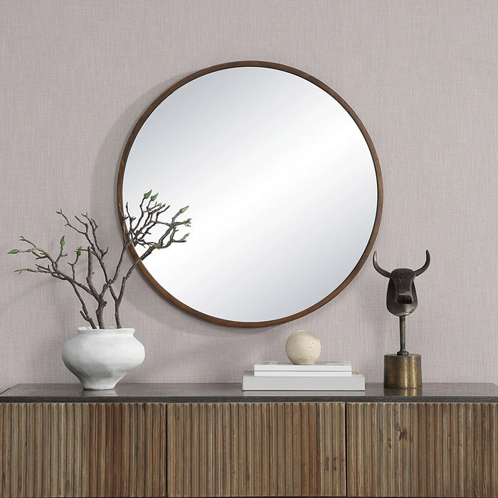 Modi Round Wall Mirror – Walnut-Finished Mimosaceae Wood