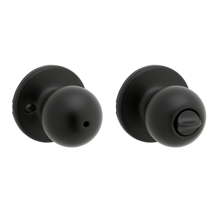 Pair of matte black door knobs with privacy function on a white background
