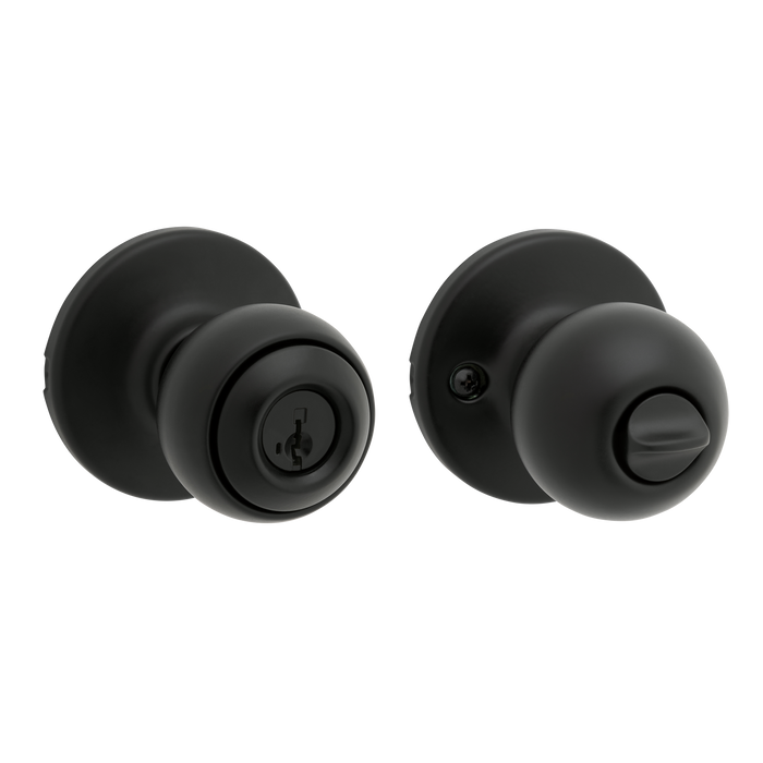 Set of black keyed entry door knobs on a white background
