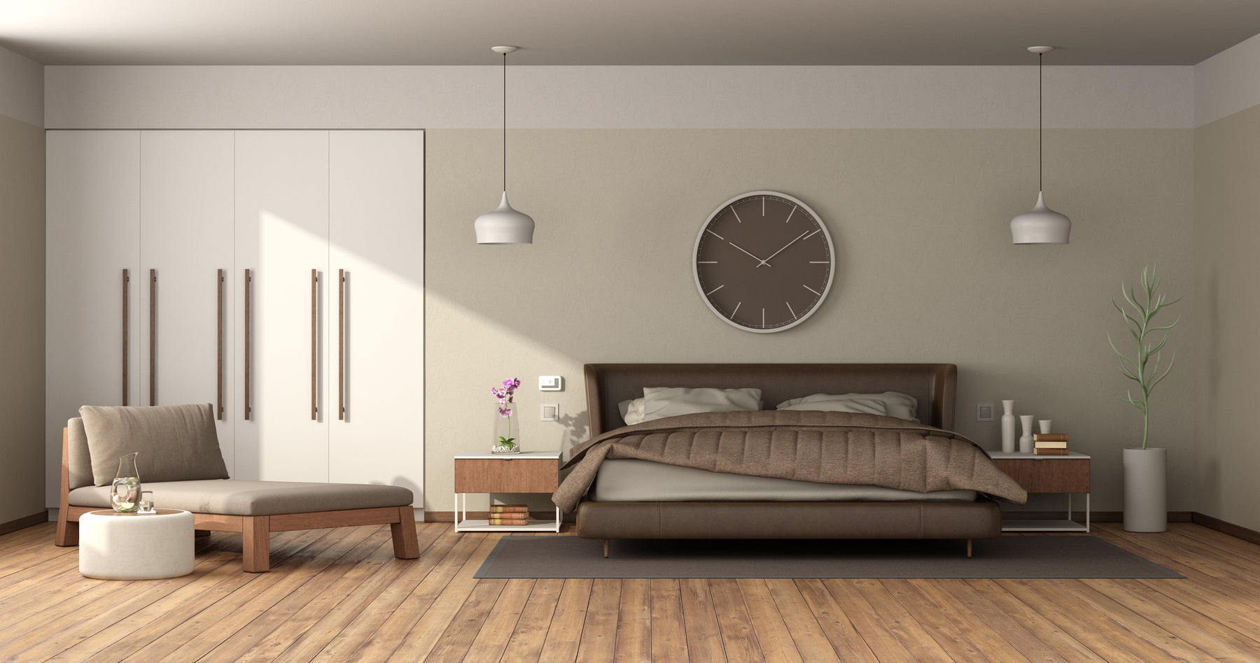 Modern bedroom with brown bed, nightstands, pendant lights, and white wardrobes with vertical handles.