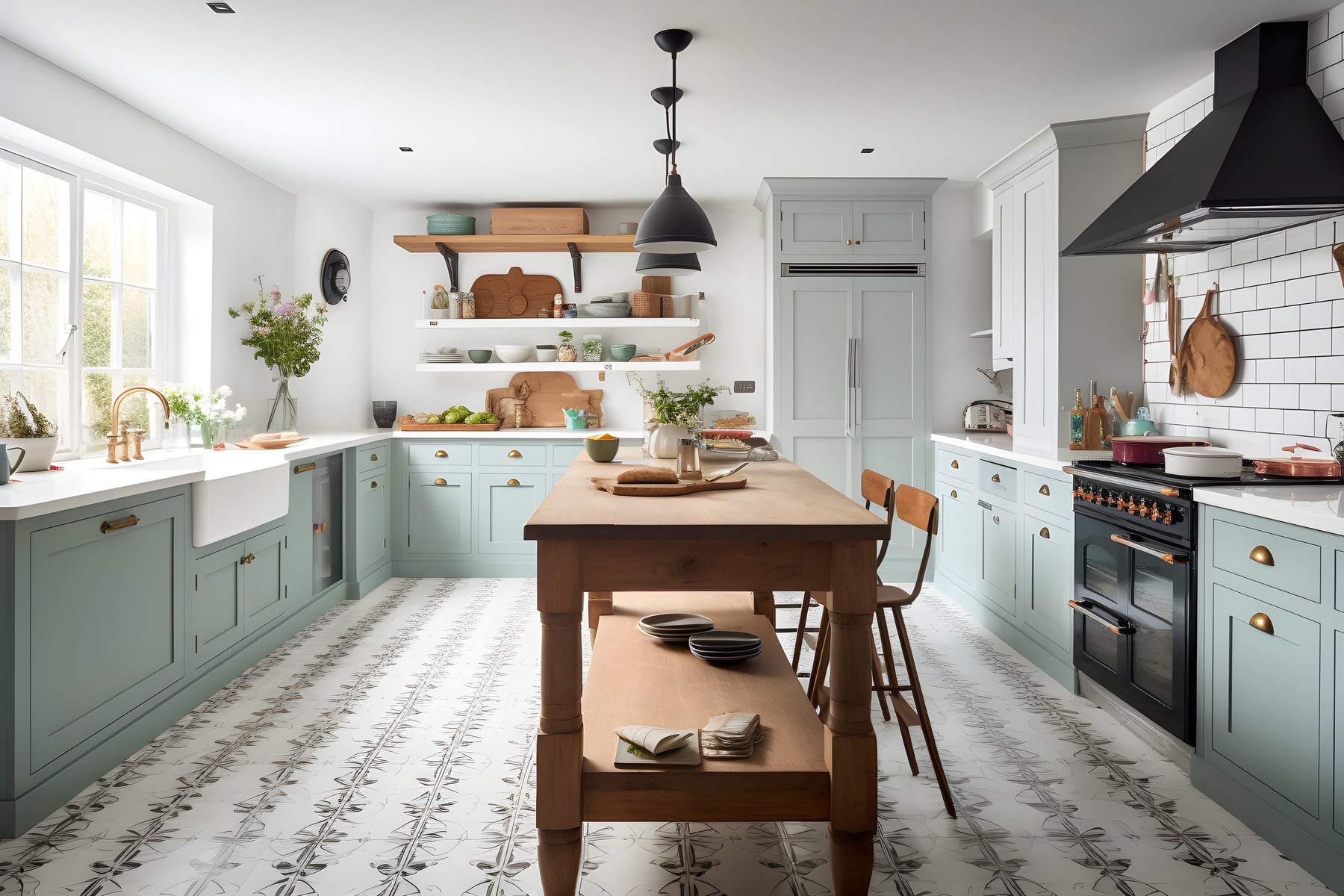 Bright farmhouse kitchen with light blue shaker cabinets, brass hardware, a wood island, black range hood, and patterned tile floor.