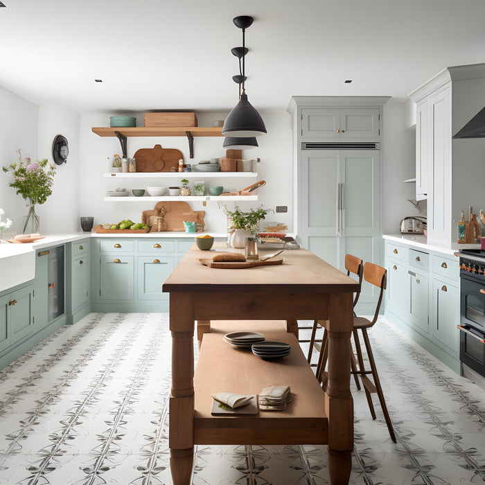 Bright farmhouse kitchen with light blue shaker cabinets, brass hardware, a wood island, black range hood, and patterned tile floor.