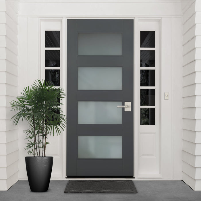 Front entry with a dark grey panelled door featuring a frosted glass window and satin nickel lever handle, flanked by sidelights and white siding.