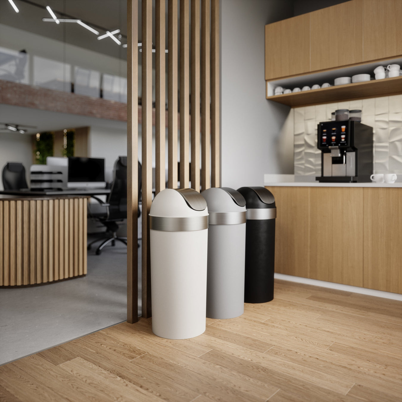 Kitchen trash cans collection – Umbra Venti step-open and freestanding kitchen waste bins in stainless and matte black