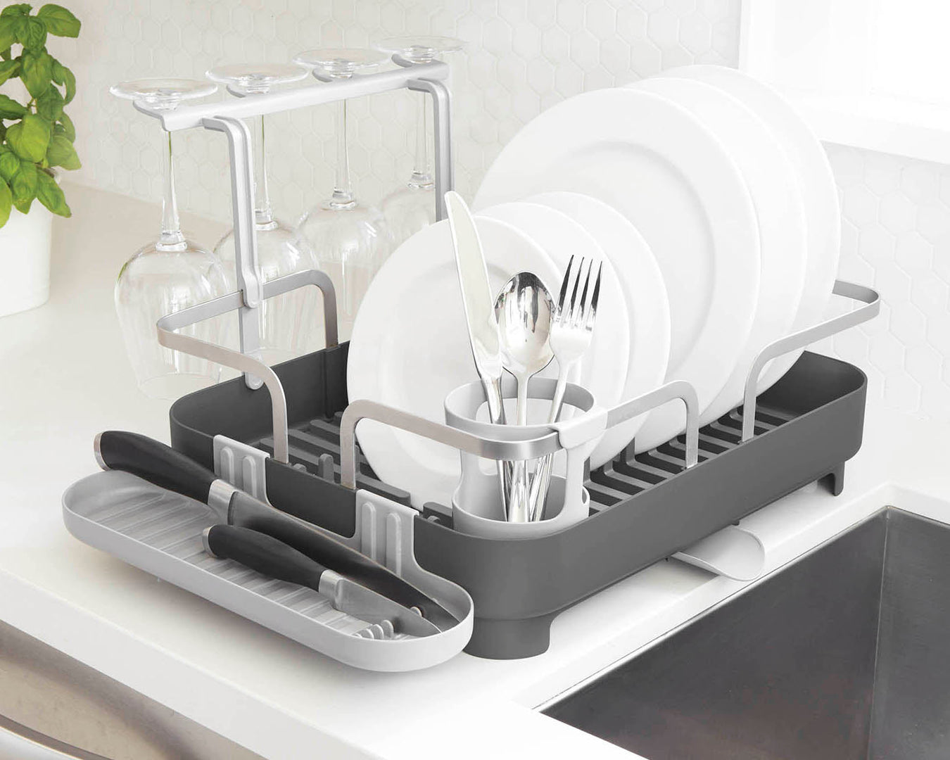 Dish racks collection – Umbra Holster and Sinkin over-sink and countertop dish drying racks in charcoal, nickel and white