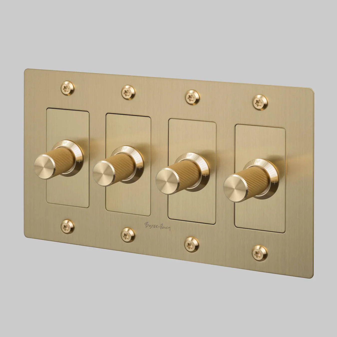Dimmers collection – Buster and Punch 1 to 4 gang LED rotary dimmer switches in Cross and Linear patterns in brass, steel, black and smoked bronze