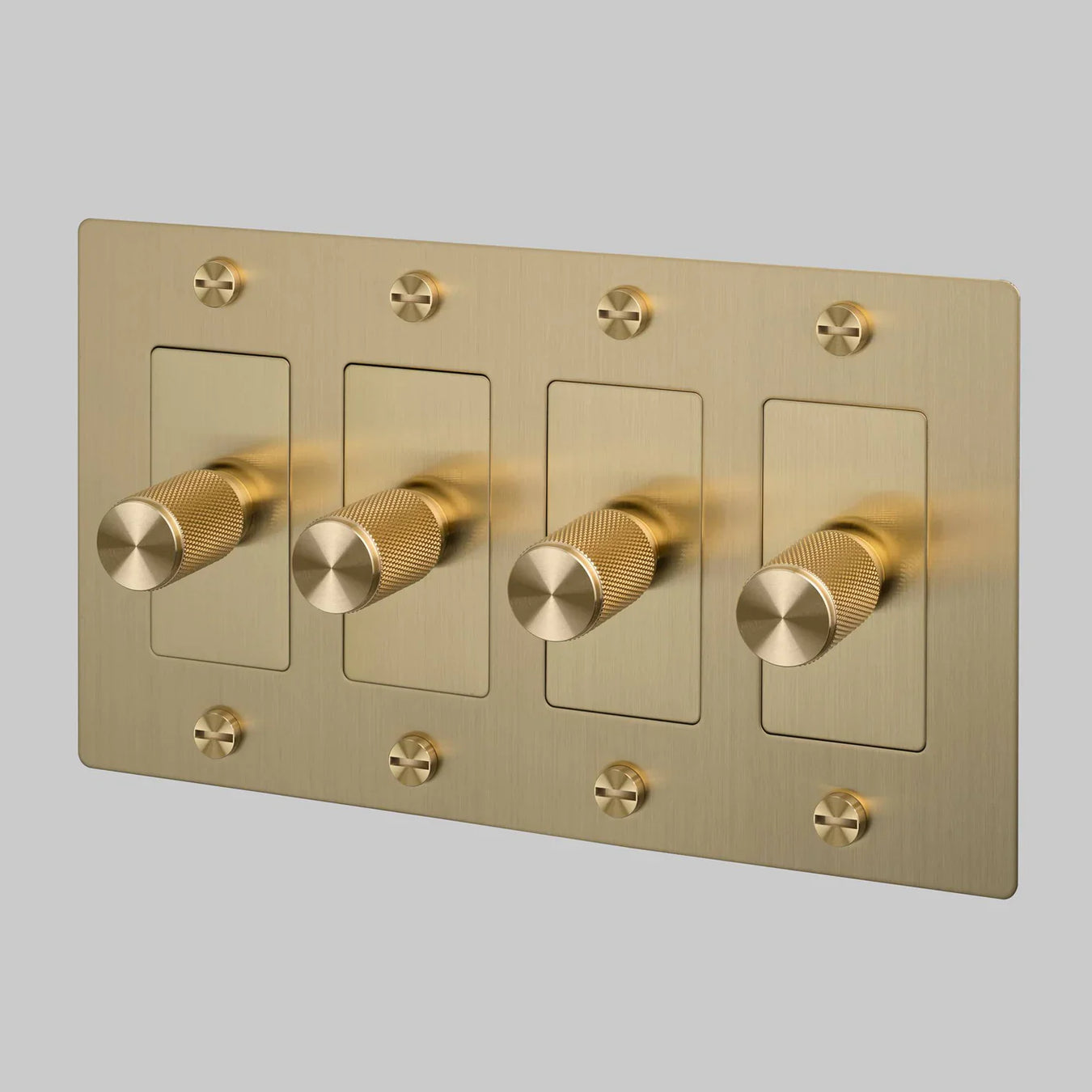 Buster and Punch Cross knurl collection – diamond-cut Cross pattern switches, dimmers, outlets and cabinet hardware in brass, steel and black