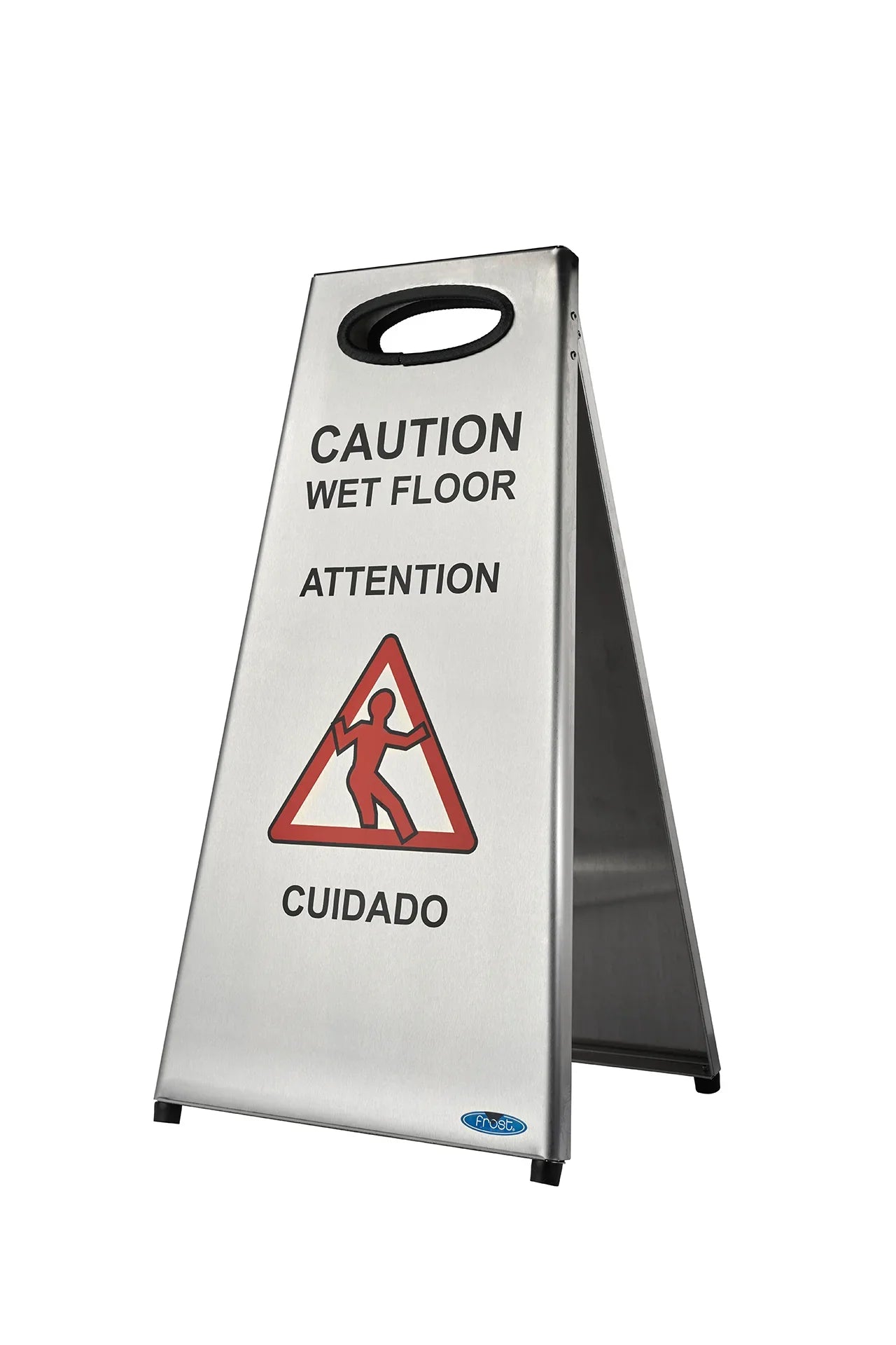 Commercial washroom and safety signs collection – Frost stainless steel and black ADA washroom door signs and wet floor safety signs