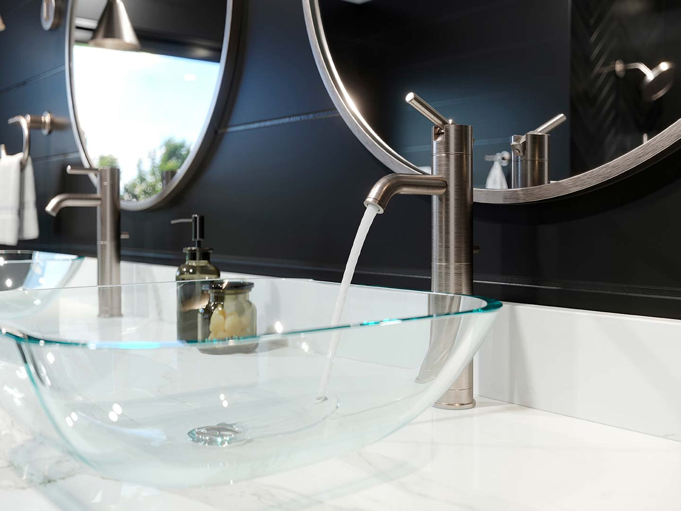 Vessel and wall-mount bathroom faucets collection – Pfister Contempra vessel faucets and Rhen, Kenzo, Tenet wall-mount faucets