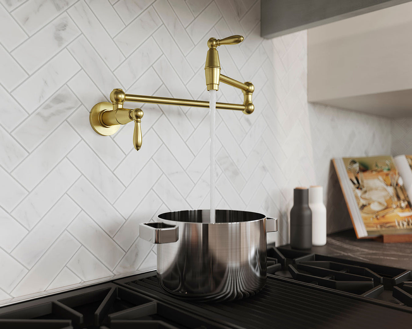 Pot fillers collection – Pfister Port Haven and Lita wall-mount pot fillers for above-range installation in multiple premium finishes